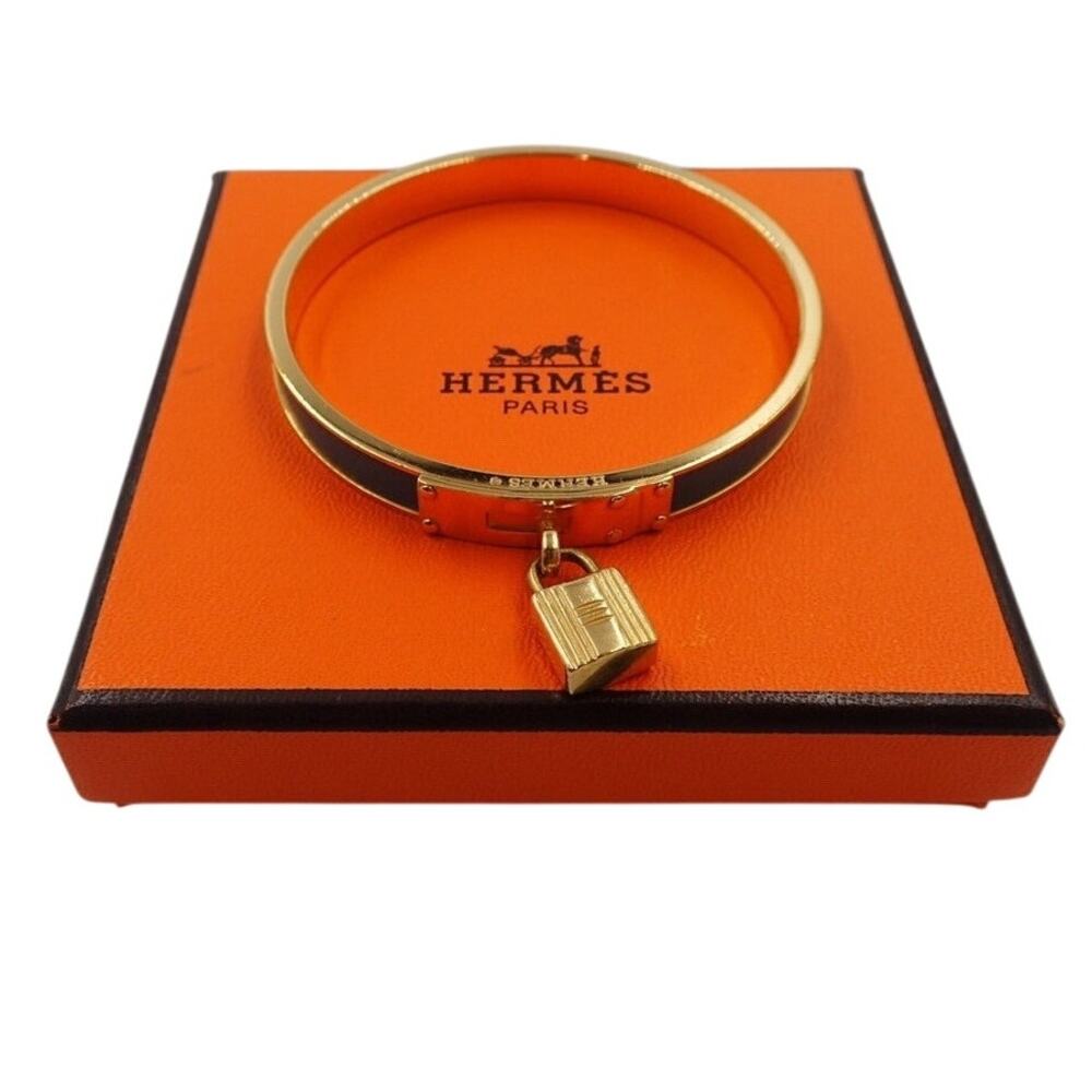 101. Hermes Lizard Kelly Lock Black & Gold Bangle - Picture 6 of 7